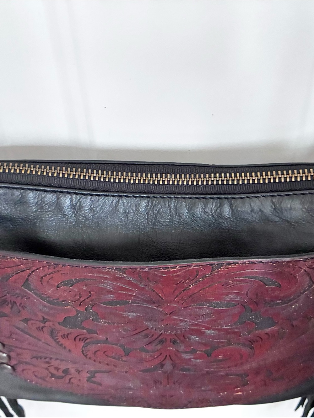 Fringed Tooled Leather Crossbody Bag - Black & Burgundy - Picture 5 of 10